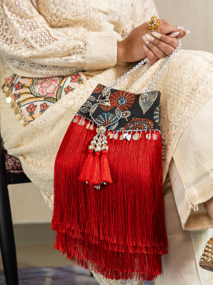 Red Jharoka Ajrakh Fringe Bag - Suave Bags  