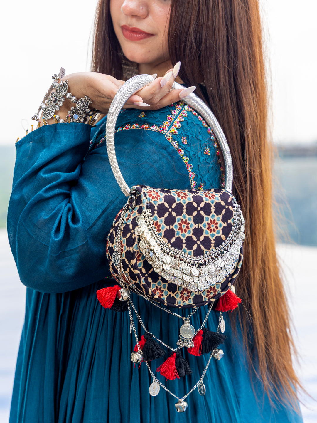 Black Jhoomar Ajrakh Handbag - Suave Bags  #