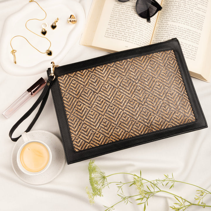The Veve Envelope Clutch - Handwoven Bamboo Cane and Vegan Leather Wristlet (Natural Black) - Suave Bags  