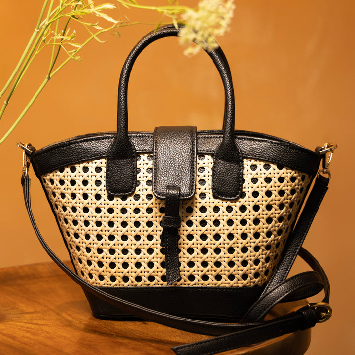 Solana Handbag – Handwoven Bamboo Cane &amp; Vegan Leather Bag (Natural Black) - Suave Bags  