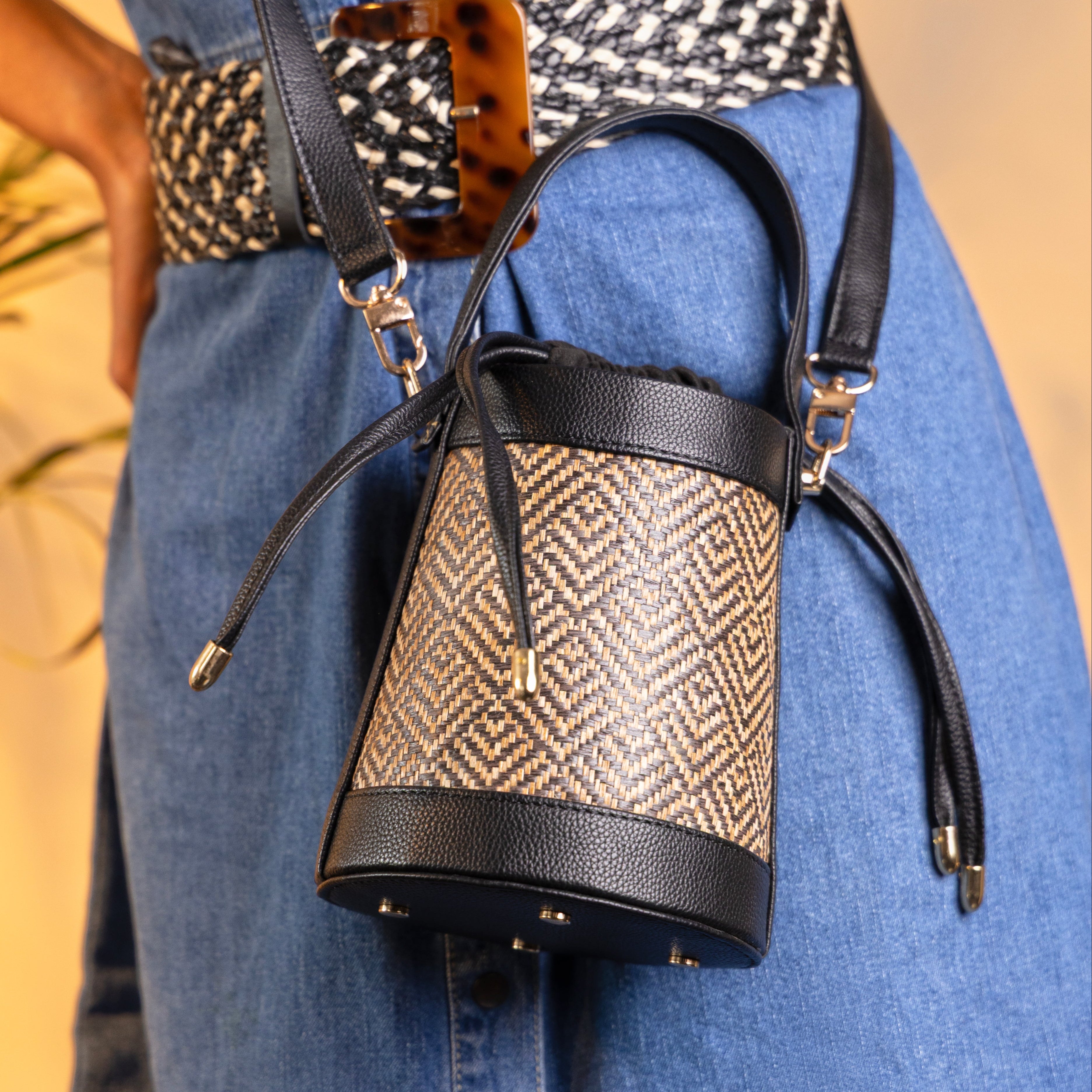 The Amara Bucket – Woven Bamboo Cane & Vegan Leather Handbag (Midnight Black) - Suave Bags  #