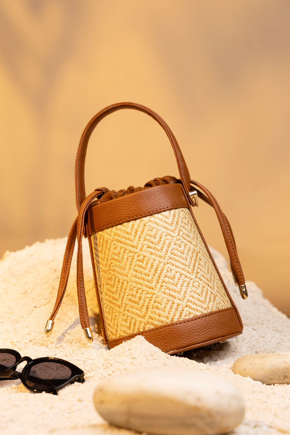 The Amara Bucket – Woven Bamboo Cane & Vegan Leather Handbag (Caramel sand) - Suave Bags  #