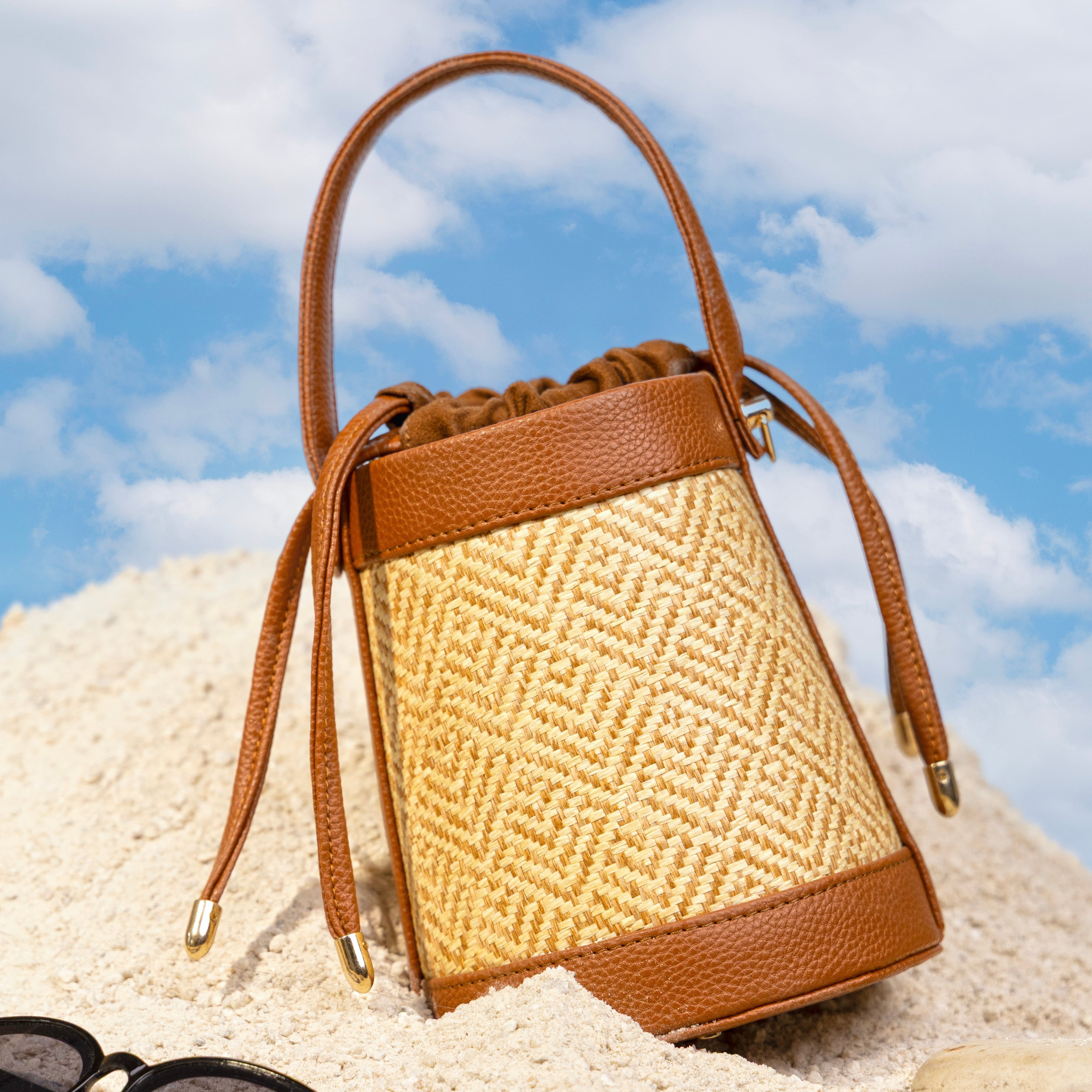 The Amara Bucket – Woven Bamboo Cane & Vegan Leather Handbag (Caramel sand) - Suave Bags  #