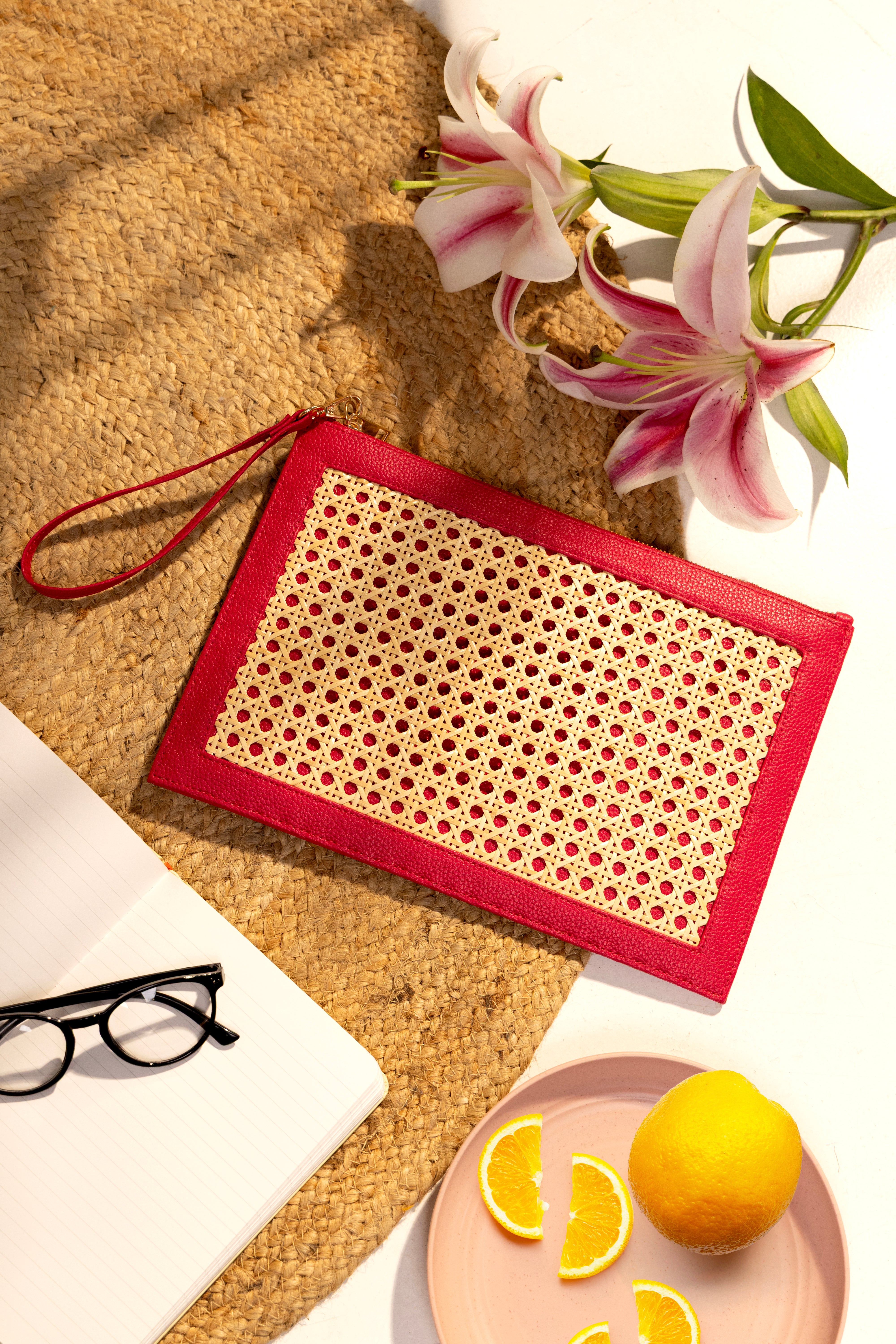 The Veve Envelope Clutch - Handwoven Bamboo Cane and Vegan Leather Wristlet (Pink) - Suave Bags  #