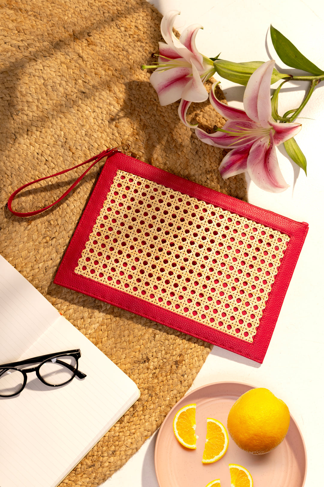 The Veve Envelope Clutch - Handwoven Bamboo Cane and Vegan Leather Wristlet (Pink) - Suave Bags  #