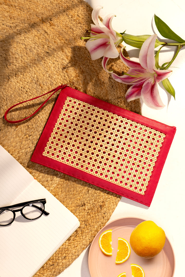 The Veve Envelope Clutch - Handwoven Bamboo Cane and Vegan Leather Wristlet (Pink) - Suave Bags  