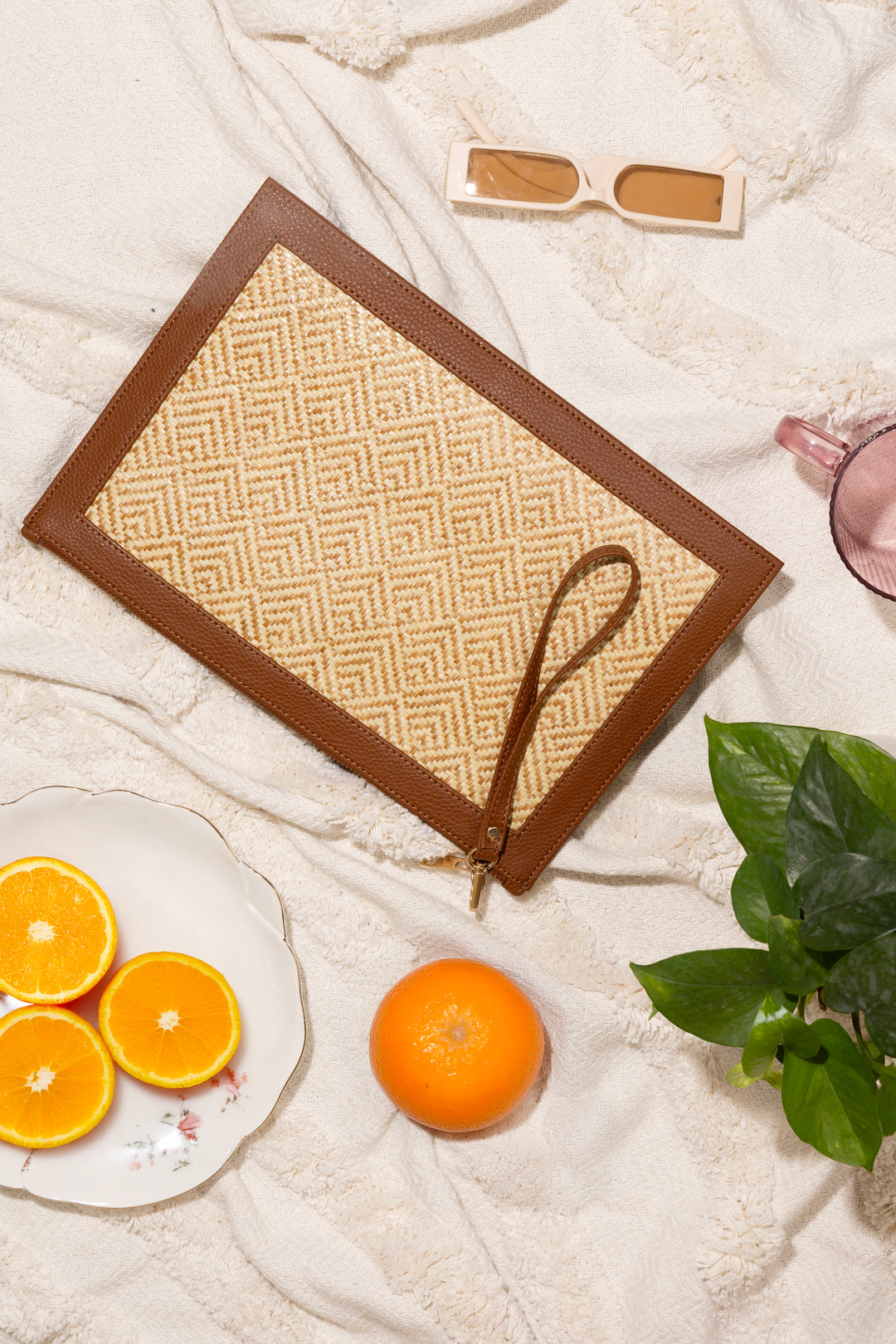 The Veve Envelope Clutch - Handwoven Bamboo Cane and Vegan Leather Wristlet (Caramel) - Suave Bags  