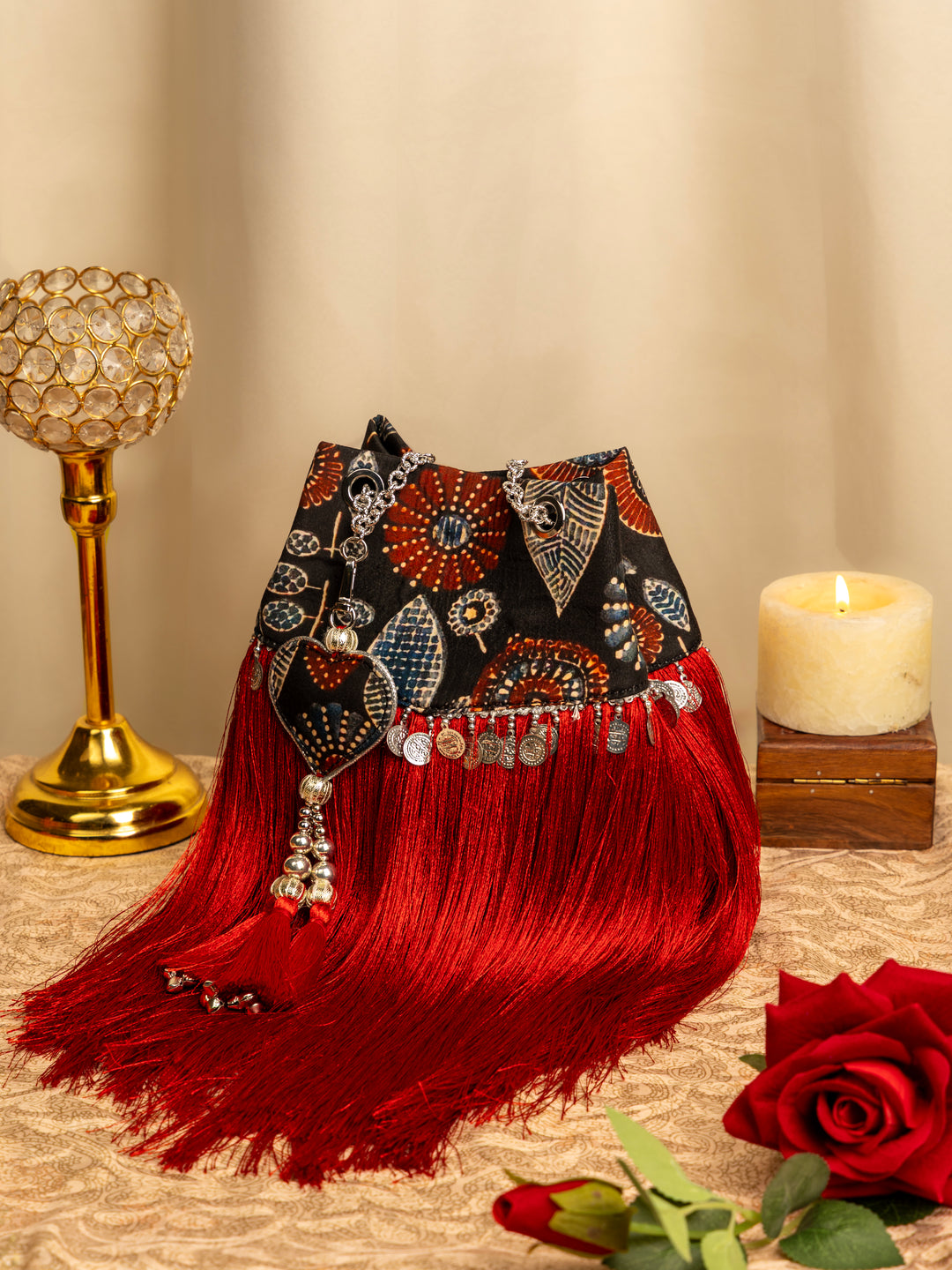 Red Jharoka Ajrakh Fringe Bag - Suave Bags  #