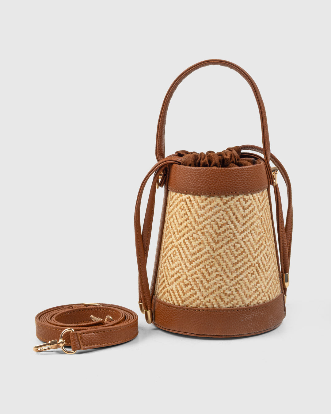 The Amara Bucket – Woven Bamboo Cane &amp; Vegan Leather Handbag (Caramel sand) - Suave Bags  