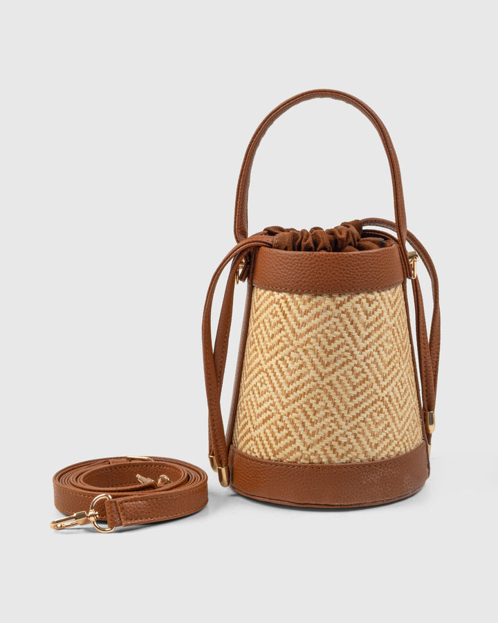 The Amara Bucket – Woven Bamboo Cane &amp; Vegan Leather Handbag (Caramel sand) - Suave Bags  