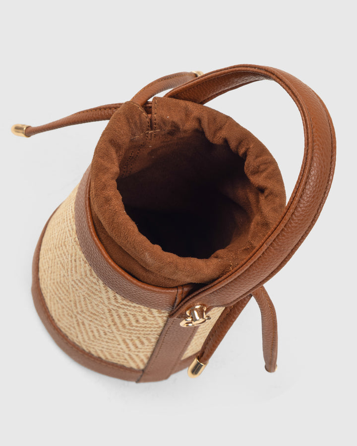 The Amara Bucket – Woven Bamboo Cane &amp; Vegan Leather Handbag (Caramel sand) - Suave Bags  