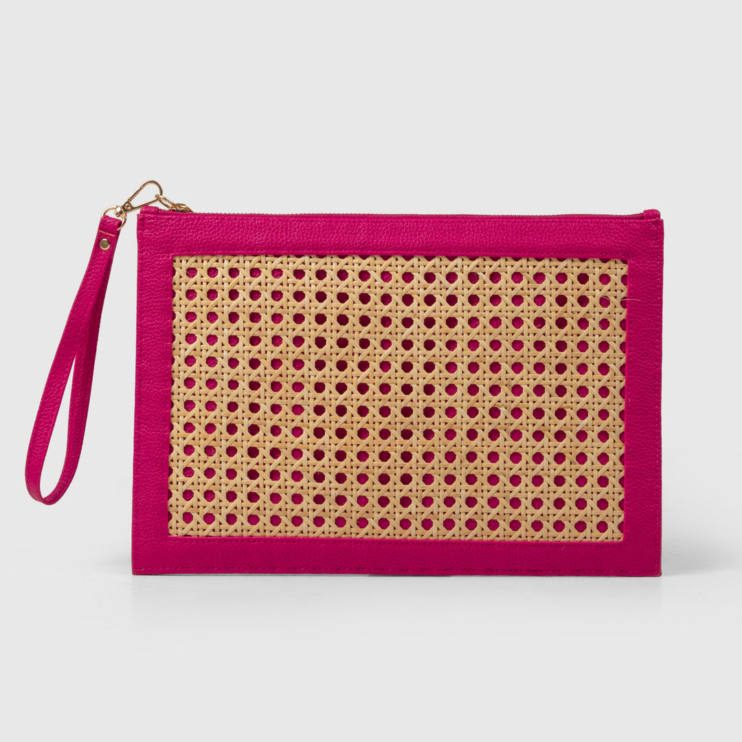 The Veve Envelope Clutch - Handwoven Bamboo Cane and Vegan Leather Wristlet (Pink) - Suave Bags  