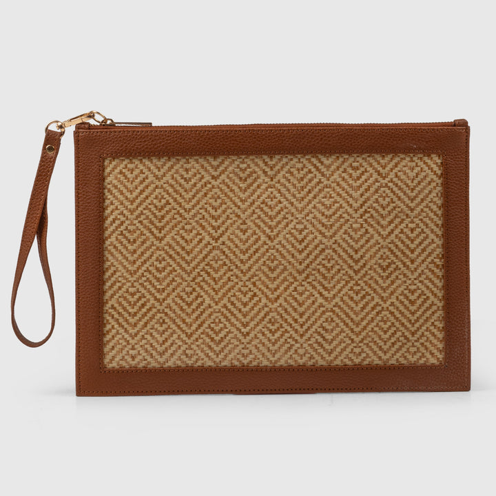 The Veve Envelope Clutch - Handwoven Bamboo Cane and Vegan Leather Wristlet (Caramel) - Suave Bags  