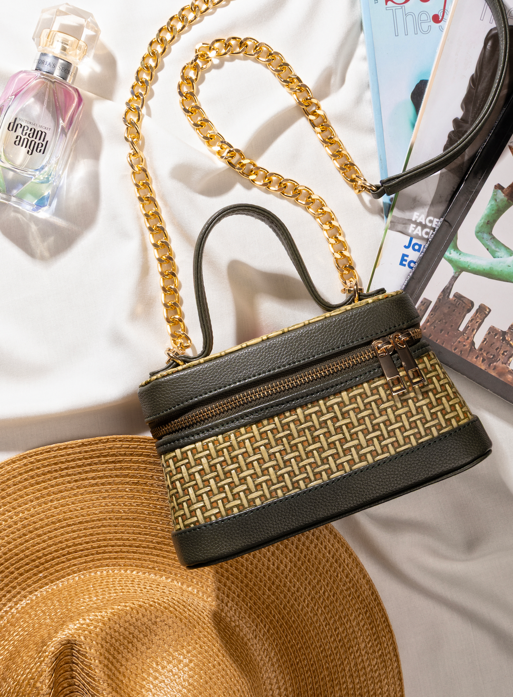 Lunara Weave Crossbody– Bamboo Cane & Vegan Leather Handbag (Olive Natural) - Suave Bags  #