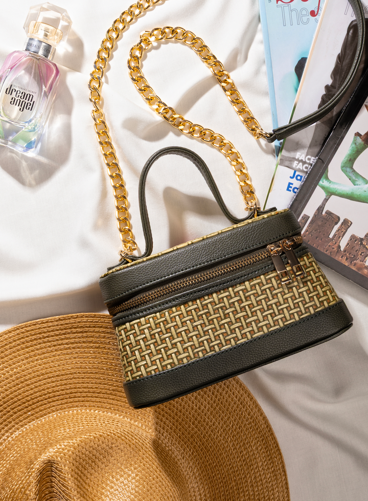 Lunara Weave Crossbody– Bamboo Cane &amp; Vegan Leather Handbag (Olive Natural) - Suave Bags  